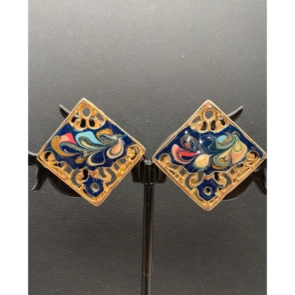 Vintage Made In USA 80's Gold Tone & Multi Colored Enamel Swirl Pierced Earrings